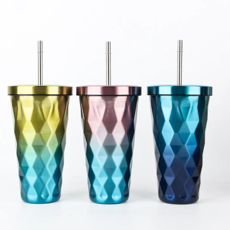 

500ML Diamond Gradient 304 Stainless Steel Coffee Cups With Straws Cup Portable Mug Travel Cup Eco-Friendly Cups