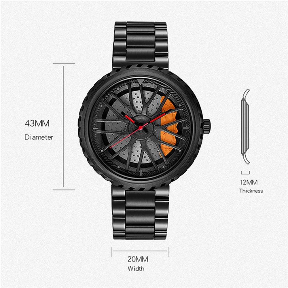 

Men's Quartz Watch with Stainless Steel Strap & Skeleton Dial for SANDA Sports Watch Wheel Rim Hub Waterproof Wristwatch