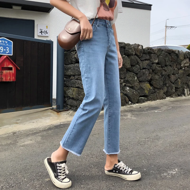 Новые Женские Простые джинсовые брюки с высокой талией длиной до щиколотки