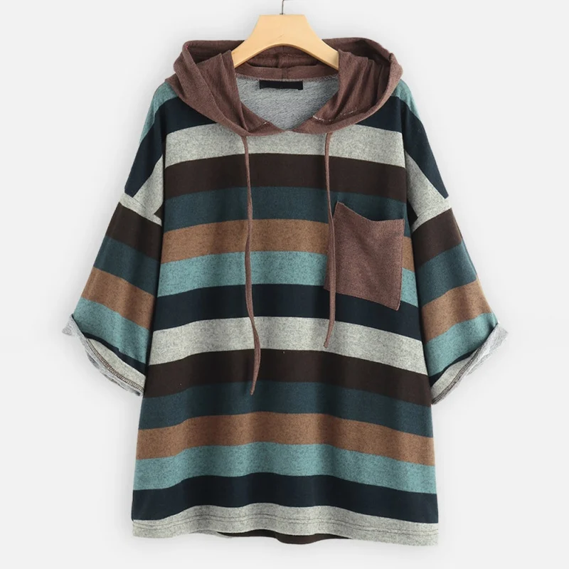 Женская толстовка свободная полосатая три четверти на шнуровке хлопок удобная