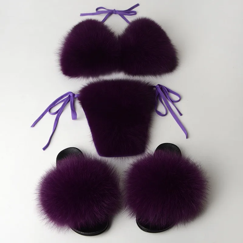 Purple sets Модные женские шлепанцы; бюстгальтер бикини из натурального Лисьего меха; летняя пляжная обувь; женское нижнее белье; съемный Толстый Пушистый комплект бикини из натурального меха - Цвет: Purple sets