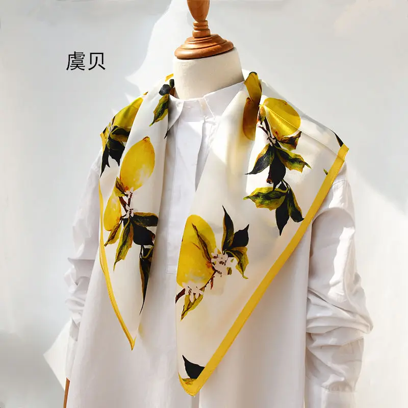 

Chinese natural silk scarf lemon painting for women 100% real silk bandana medium square fashion wrap hijab shawl gift for lady