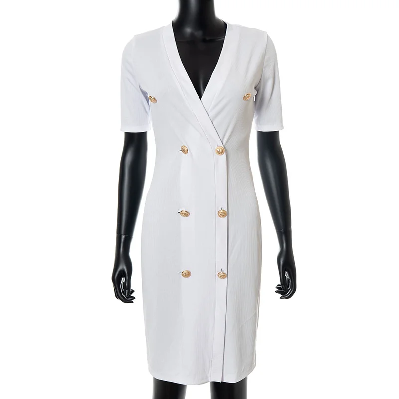

Fantoye Deep V-neck Double Breasted Women Dress White Short Sleeve Casual Mid Dress Ladies Summer Sexy Skinny Streetwear Vestido