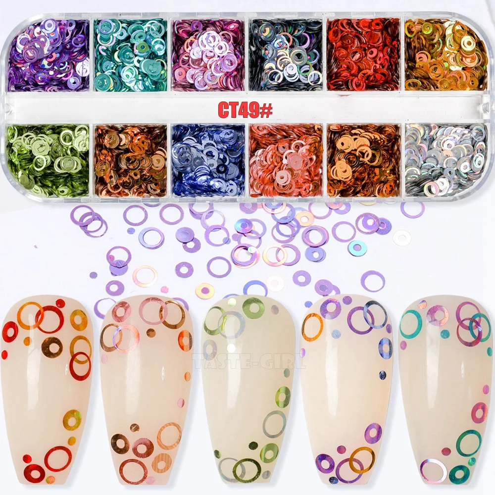 

12 Grids/Box Mix Sizes Beauty Bubble Nail Glitter Holo Round Circle Sequins Acrylic Nail Art Decoration Manicure Slice Sticker
