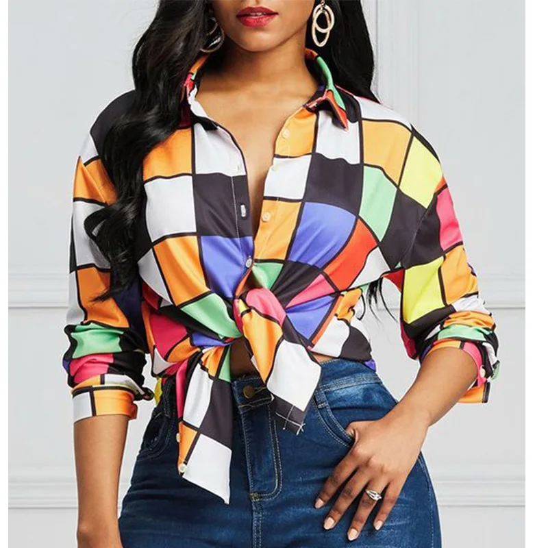 

New style plaid printing lapel long sleeve T-shirt shirt ladies tops