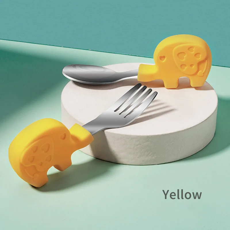 Vajilla port&aacute;til de 2 piezas para ni&ntilde;os, juego de cuchara y tenedor de alimentaci&oacute;n infantil, conjunto de entrenamiento antideslizante con elefante de dibujos animados-4