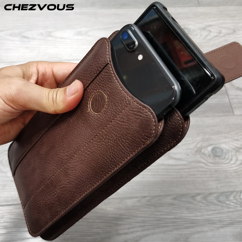 Leather Phone Bags Case Dual Pouch 5.5-7.2'' for iPhone Huawei Samsung Xiaomi Shockproof Magnetic Belt Clip Bag with Card Holder