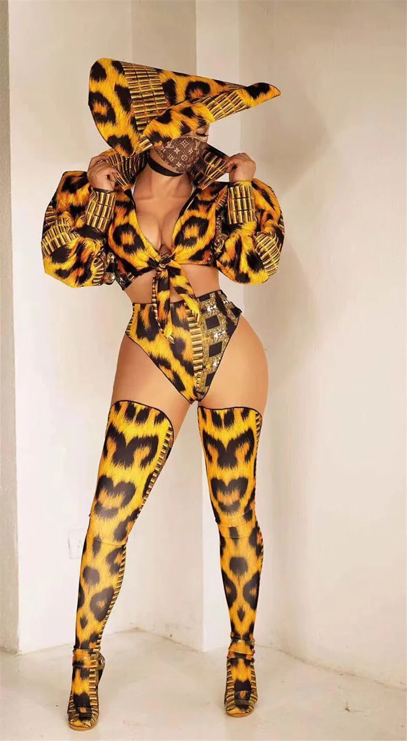 

Women Fashion Suits 2021 Leopard Print Puff Long Sleeve Tops Shorts Hat 3 Piece Outfit Set Birthday Party Dance Show Stage Wear