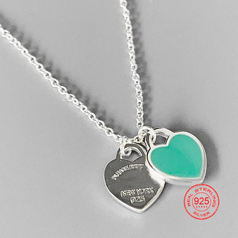 

S925 1:1 Original Classic Pop Enamel Exclusive Blue Pink Red Double Heart Pendant Ladies Fashion Necklace Jewelry