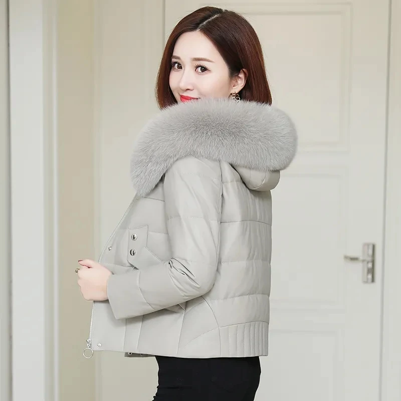 Women's PU Leather Down Cotton Jacket 2022 New Imitation Sheep Leather Jacket Short Loose Korean High-Waisted Faux Fur Jackets