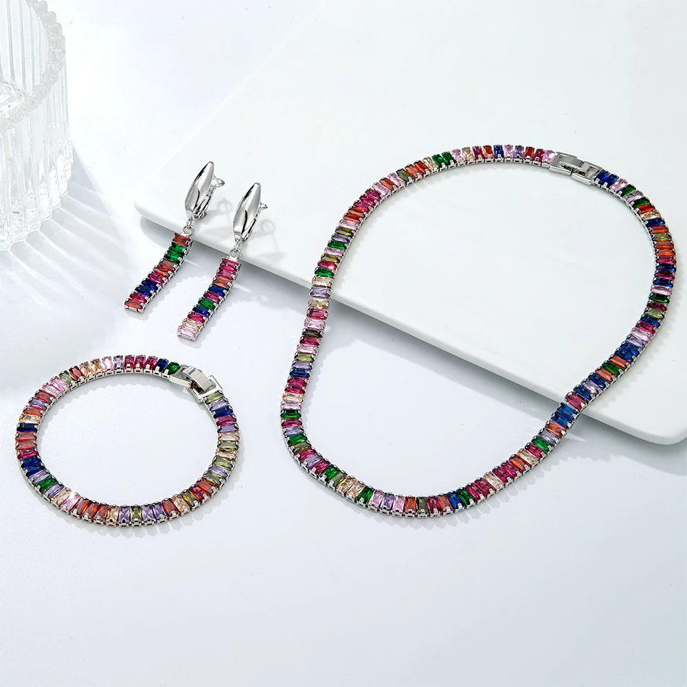 

4 Pcs Colored Crystal Jewelry Sets For Women Wedding Bridal Silver Color Bracelet Necklace Earrings Set Jewelry For Party