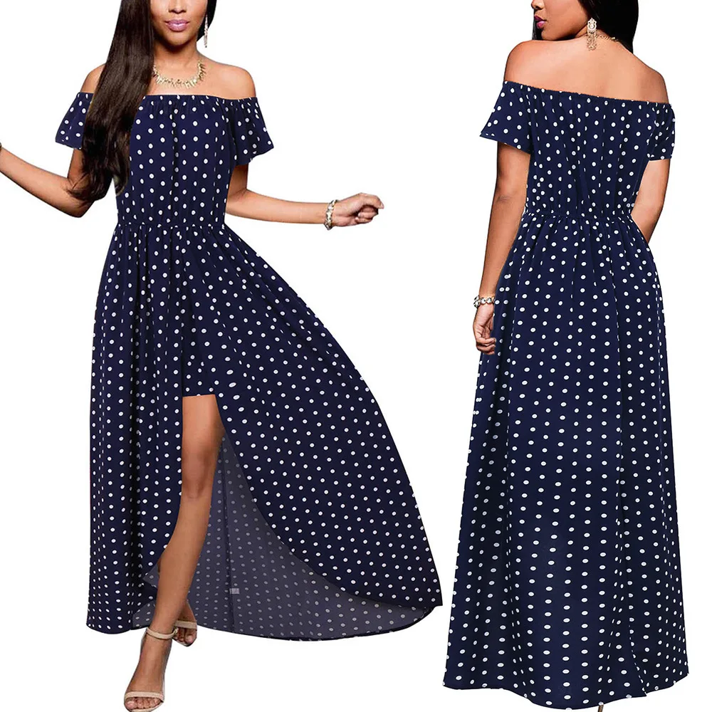 

Summer Sexy Off Shoulder Womne's Dress 2020 Casual Boho Polka Dot Print Empire Dresses Fahsion Backless Split Party Long Dress