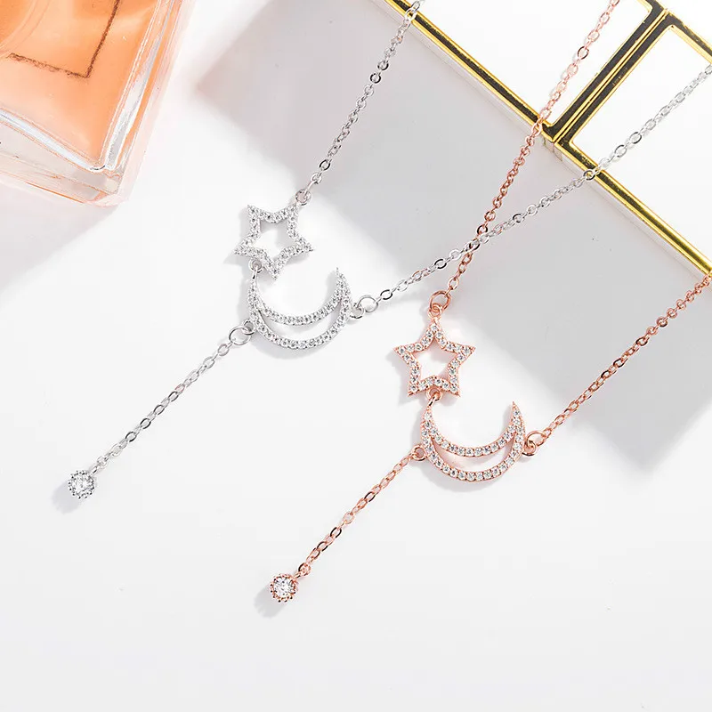 

S925 Sterling Silver Fringed Moon and Star Necklace Light Luxury Ins Clavicle Chain Niche