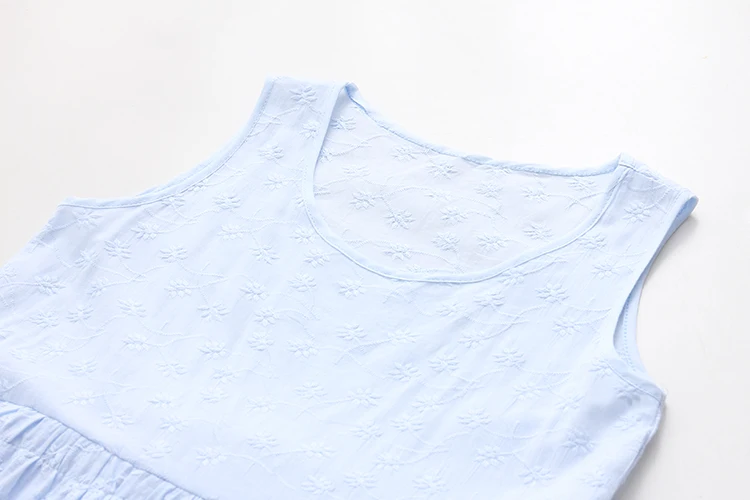 

2021 New Summer Embroidered Shredded Mid-length Bottom Cotton Solid O Neck Sleeveless Vest Woman Dress