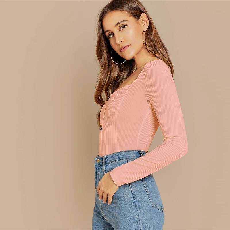 SHEIN Облегающий Топ С Длинным Рукавом И Глубоким Вырезом Трикотажная Блузка В Рубчик