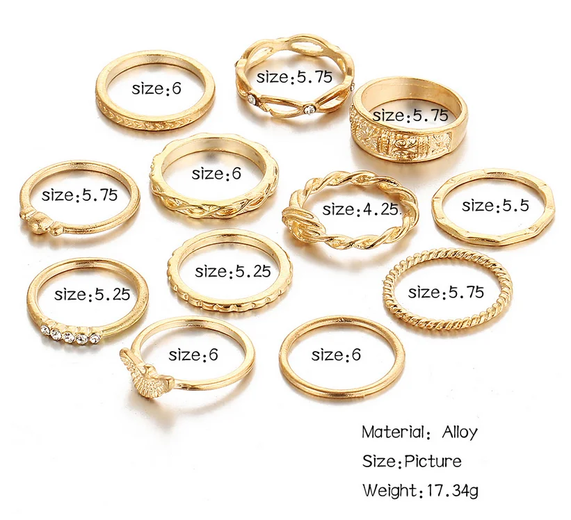 

10pcs12pcs/Set Bohemia Women Rings Fashion Crystal Metal Moon Crown Party Jewely Ring Set For Women Jewelry gifts for women