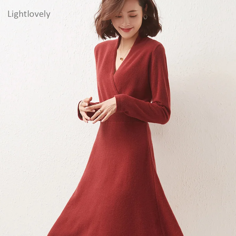 

Pure Cashmere 2021 Sweater Dress Warm Autumn Winter Wool Pullover Dresses Women Loose V-neck Long Dress Female Elegant Cloth