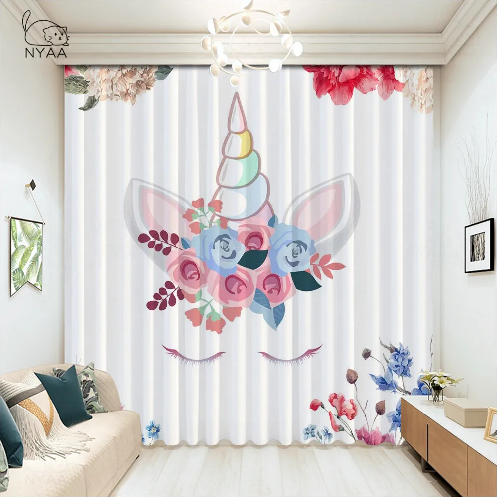 

Cute Cartoon Unicorn Curtains Pink Cartoon Printed Curtain Flower Home Decoration Living Room Luxury Curtains Micro Shading