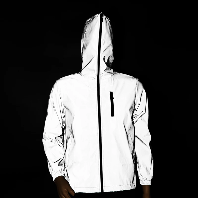 

men's reflective jacket women windbreaker casual hip hop Hooded coats mens streetwear night shiny jackets