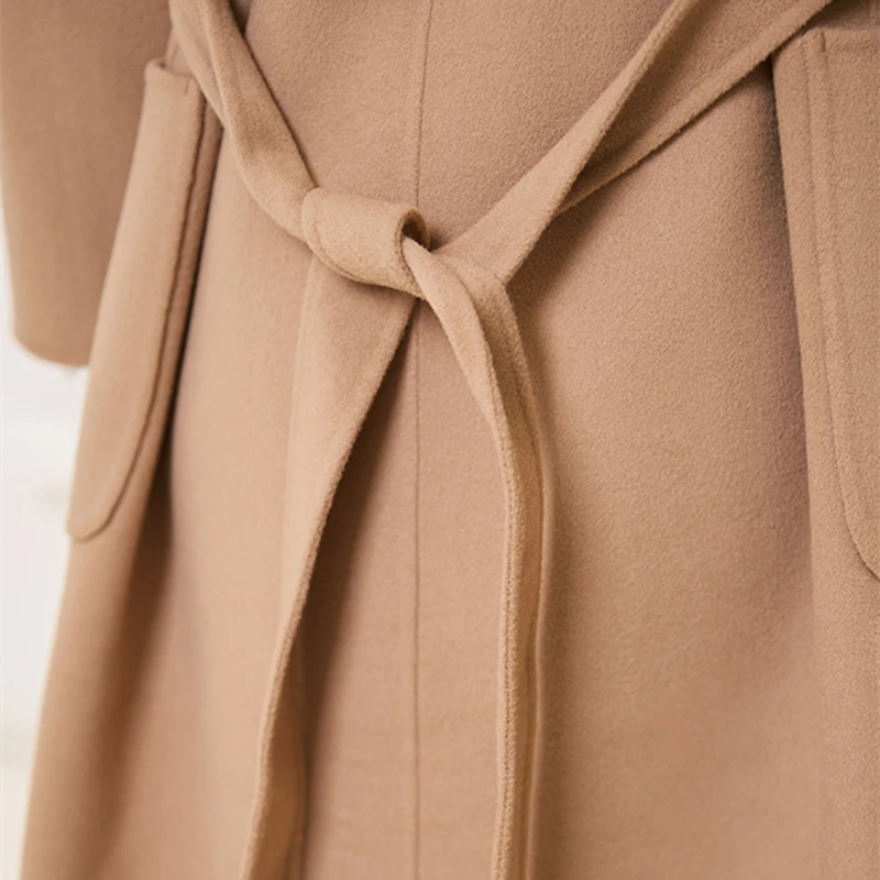 Autumn Spring Women V-Neck A-Line Two-Sided 100% Wool Coat 2020 New Slim Double Breasted Belt Female Fashion Overcoat | Женская одежда