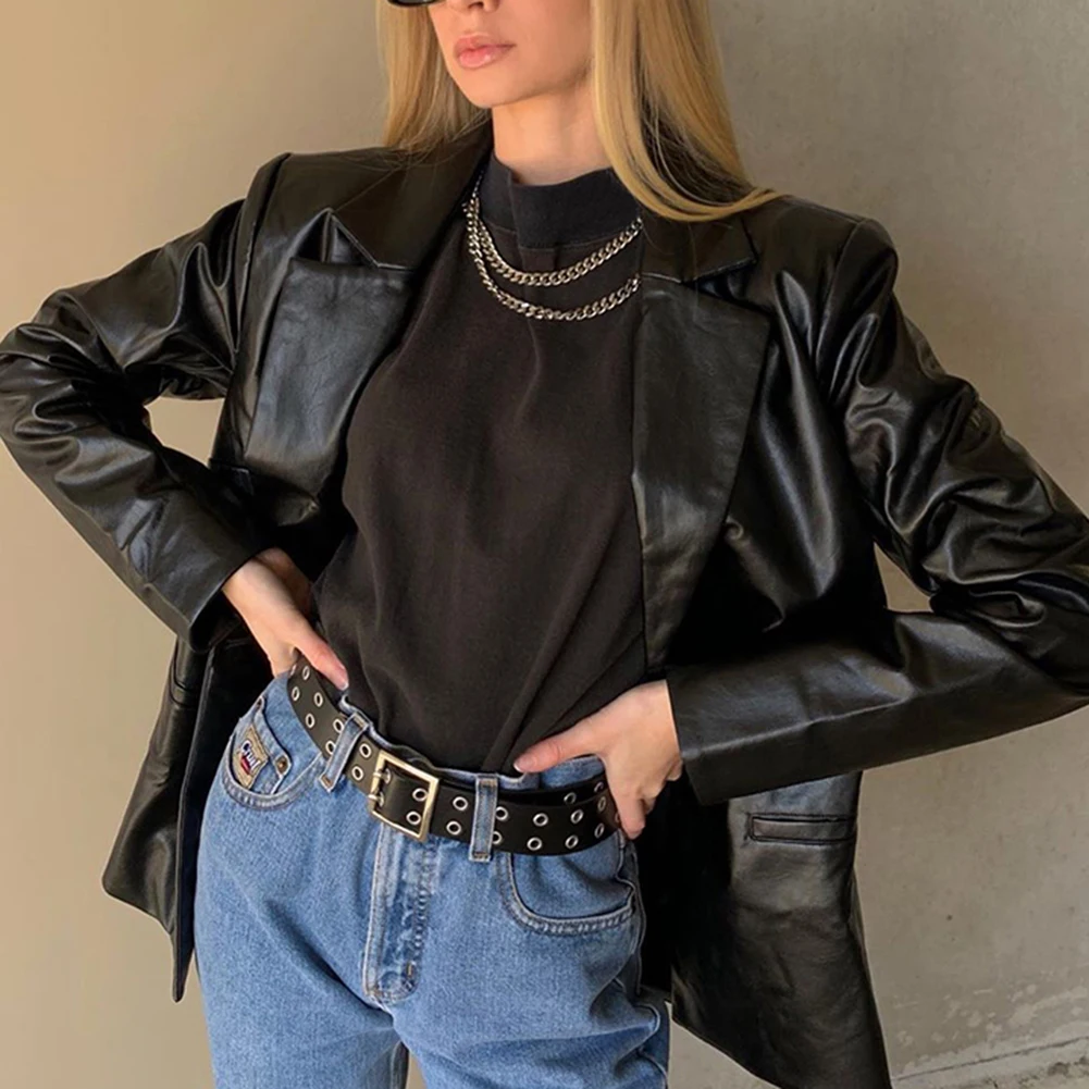 2021 Women Black PU Leather Jacket Autumn Coat Thin Streetwear Spring Women Jacket Vintage 90s Outfits Y2k Esthetic Gothic