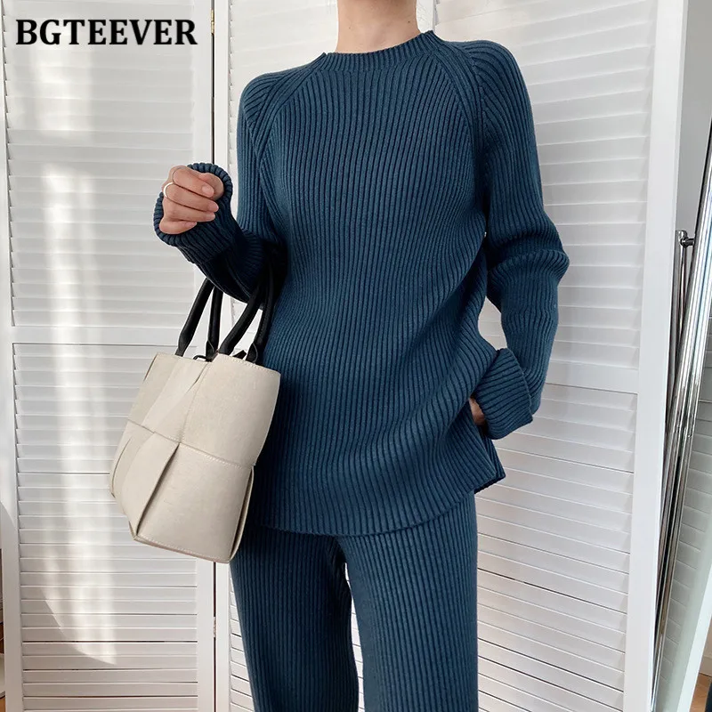 

BGTEEVER Winter Thicken Knitted 2 Pieces Set Women O-neck Split Jumpers & Wide Leg Sweater Pants 2020 New Sweater Set Female
