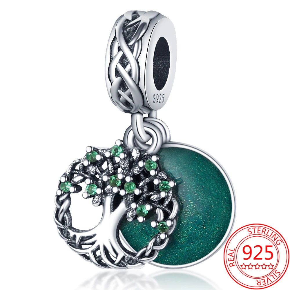 

Classic 100% 925 Sterling Silver Green Famlily Tree Dangle Charm Charms Fit Original Pandora Bracelets DIY Jewelry For Women