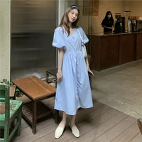 of tall waist show temperament of pure color double breasted thin v neck shirt hubble bubble sleeve dress 1471