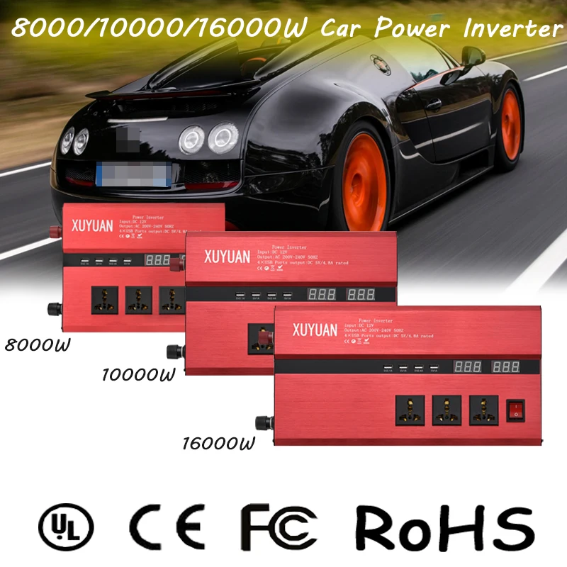 

8000/10000/16000W Car Inverter DC12V to 110V 12/24V to 220V LCD Display with 4USB Ports Car Power Inverter Converter Transformer