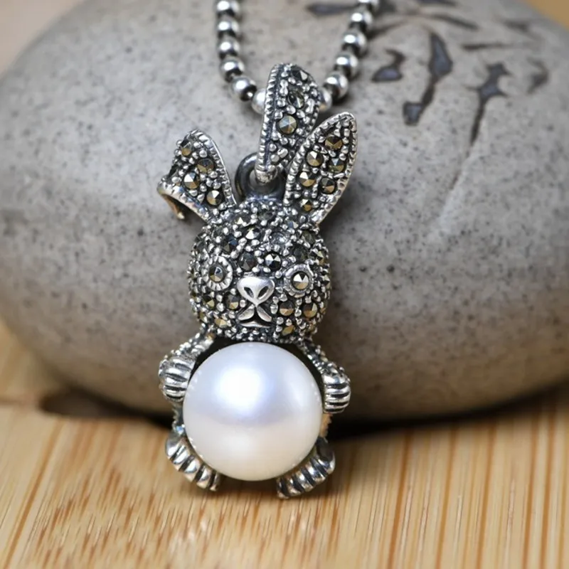 

BOCAI 2021 Real S925 Silver Jewelry Simple Art Bunny Retro Marksai Stone Inlaid Pearls Fashionable Woman Pendant