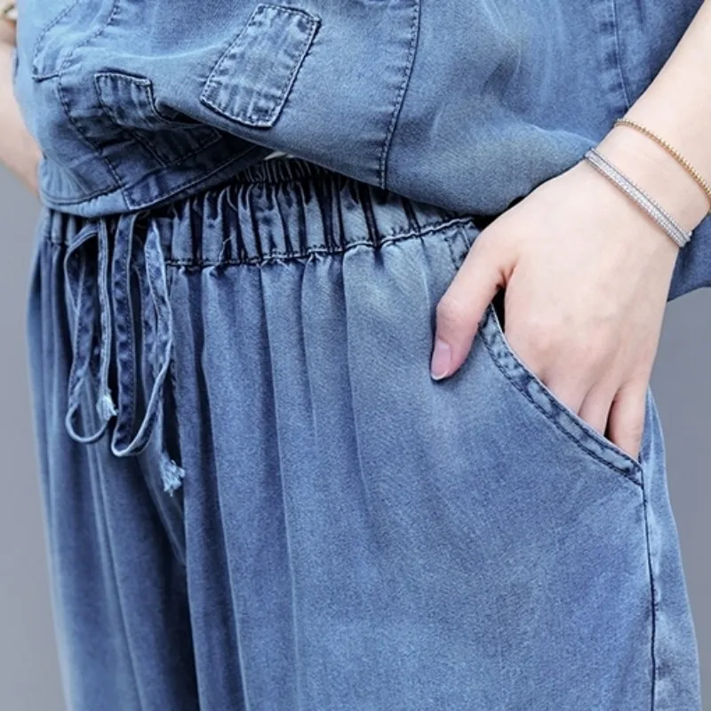 Женский джинсовый комплект из двух предметов свободная футболка с коротким