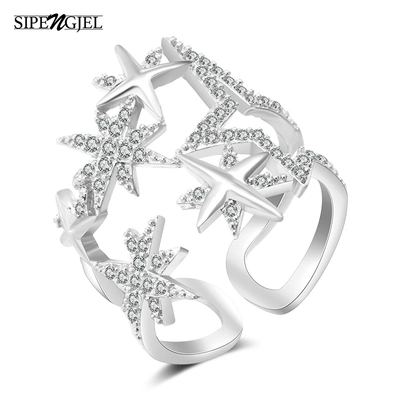 

Trendy Cubic Zirconia Three Color Star Rings Double Layer Cluster Star Open Rings For Women Wedding Engagement Rings кольцо
