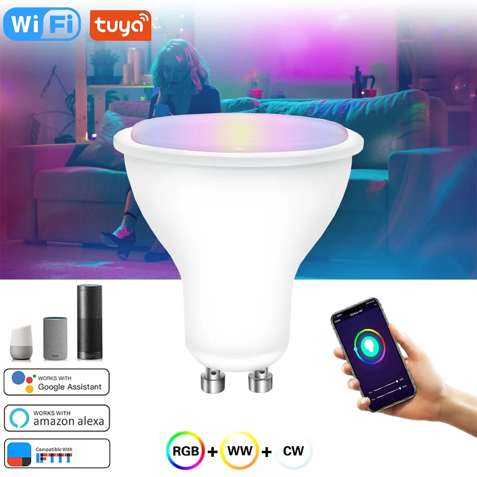 

Tuya Wifi Smart LED Light Bulb GU10 RGB Spotlight 110V 220V 8W Dimmable Lamp Voice Remote Control Work With Alexa Google Home