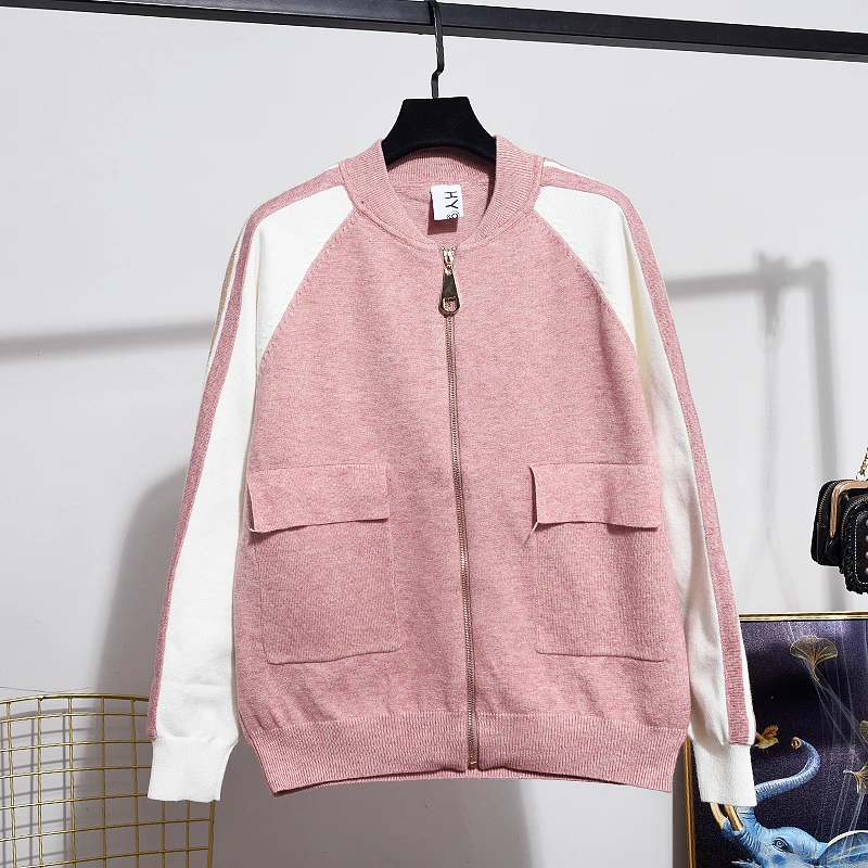 Корейский Розовый спортивный костюм женский вязаный кардиган длинные штаны