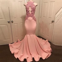 halter neck sleeveless robe de soiree party dress abiye peach pink mermaid prom gowns lace appliques long bridesmaid formal