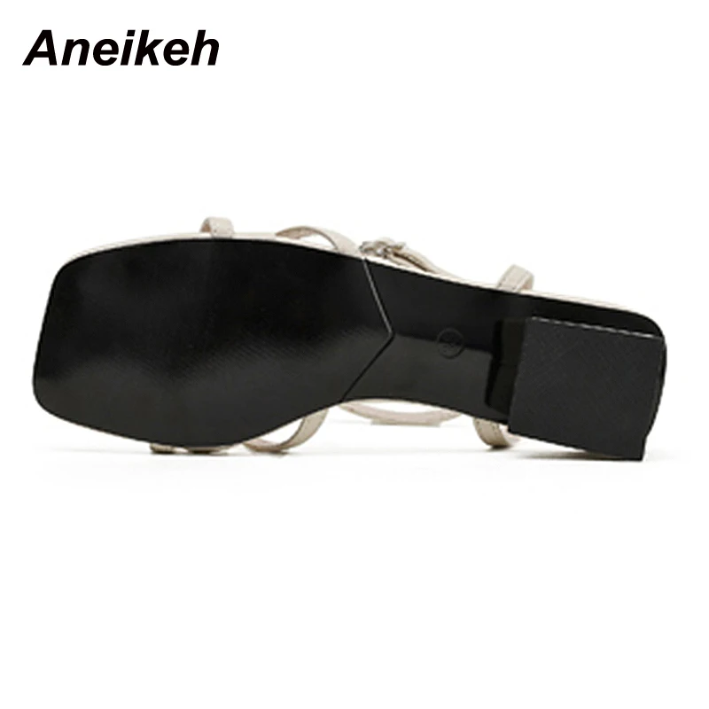 

Aneikeh PU Women Shoes Summer Fashion Leisure Head Peep Toe Square Heel Patchwork Totem Sewing 2021 British Style Slippers34-39