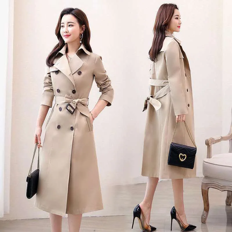 

2020 High Quality Autumn Long Trench Coat Women Korean Double Breasted Slim Windbreaker Female Fashion Belted Office Coat