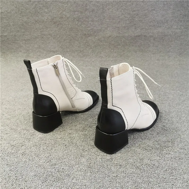 Online Fashion Pergelangan Kaki Wanita Renda Bulat Toe Blok Tumit Kulit Sepeda Motor Sepeda Sepatu Kasual Wanita Musim Dingin Bulu Lapisan Sepatu