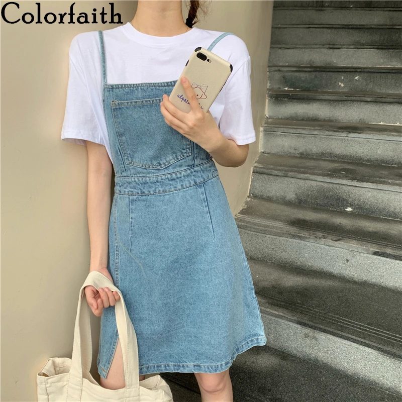 Женское джинсовое платье Colorfaith повседневное винтажное мини на бретельках с