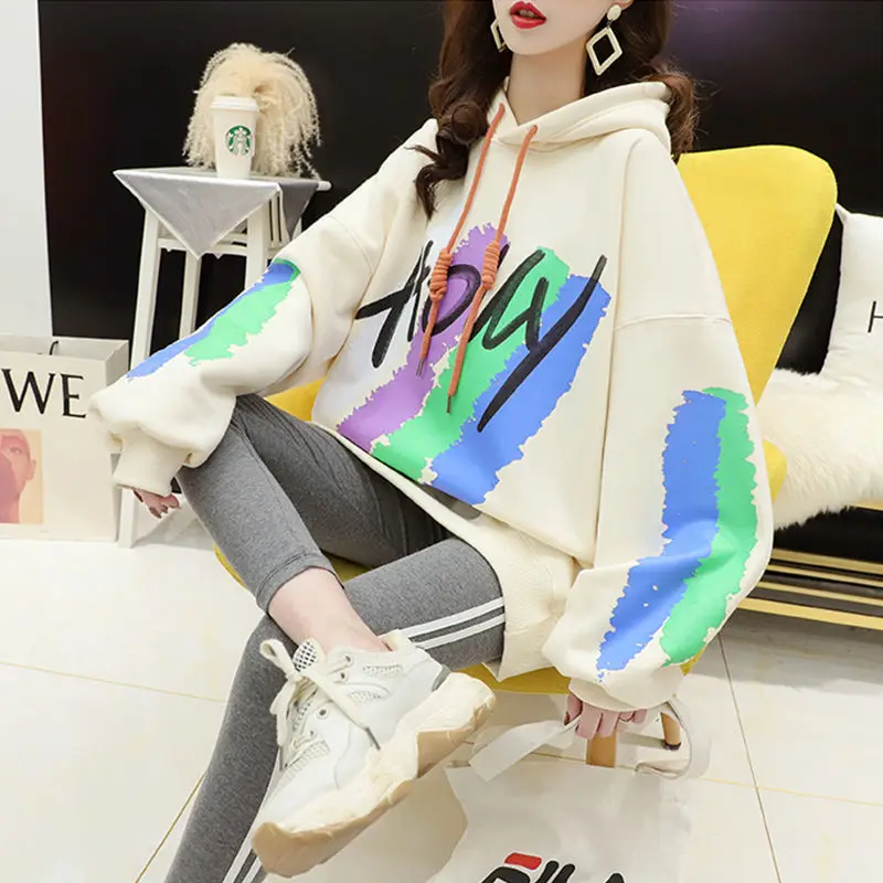 

Thickened Graffiti Printed Women Autumn Winter New Versatile Korean Loose Female Lazy Fashion Casual Hoodie Style 2020