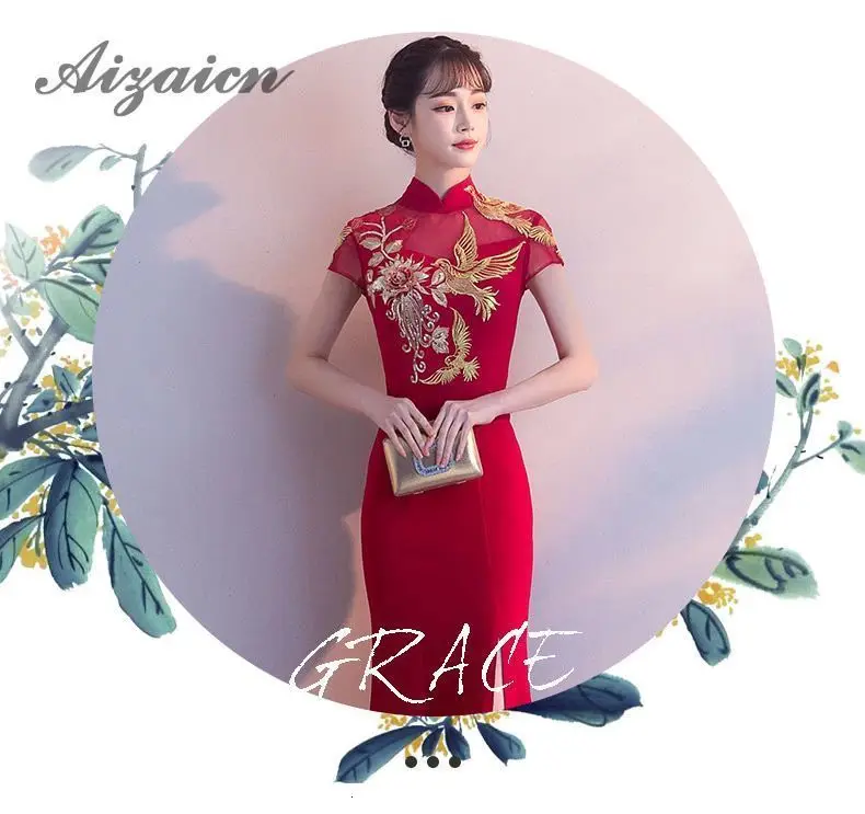 Вышивка Cheongsam длинное традиционное китайское винтажное платье красное свадебное платье Русалка сексуальное платье Ципао с разрезом Современные платья