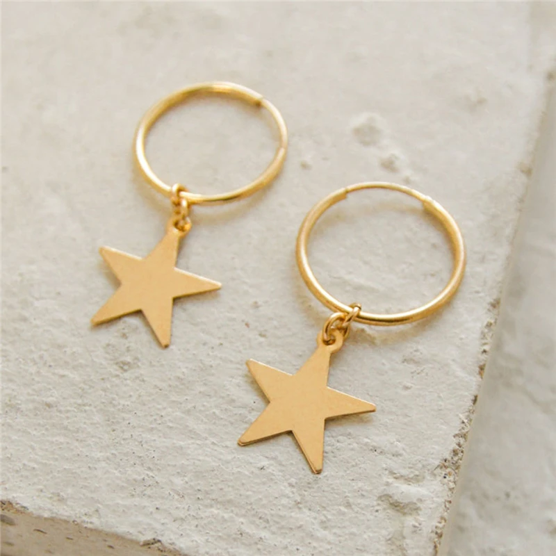 

14K Gold Filled Hoop Earrings Star pendant Fine Jewelry 15MM Hoop Earrings Brincos Pendientes Oorbellen Boho Women Earrings