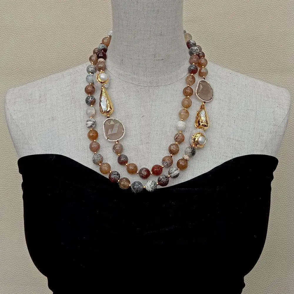 Y·YING 2 Strands 12mm Faceted Round Brown Fire Agates Crystal Pearl Quartz Druzy Choker Necklace 21" images - 6
