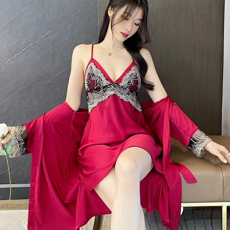 

Комплект женский Шелковый из 2 предметов, атласная кружевная пикантная ночная рубашка, банный халат, женская пижама, вискоза, одежда для сна