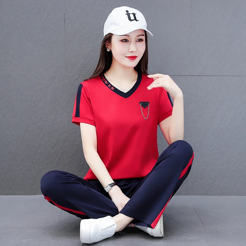 

Loose Large Short Sleeve Fashion Sports Suit Women'S Casual Wear Two Piece V-Neck Summer Dress 2021 New Korean Middle Aged Mom