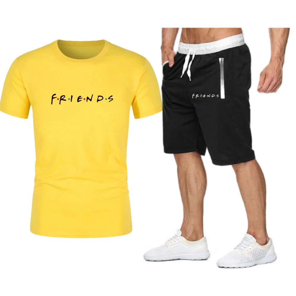 

Black FRIENDS Printing Short Sleeve Hip-Hop Brand Streetwear Summer Tracksuit Beach Shorts Men Sets Oversized T-shirt