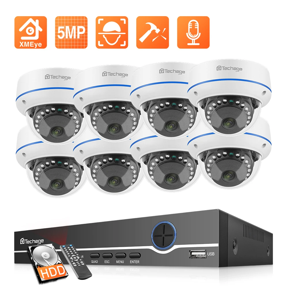 Techage H.265 CCTV камера система 8CH 5MP POE NVR комплект аудио запись купол безопасности IP