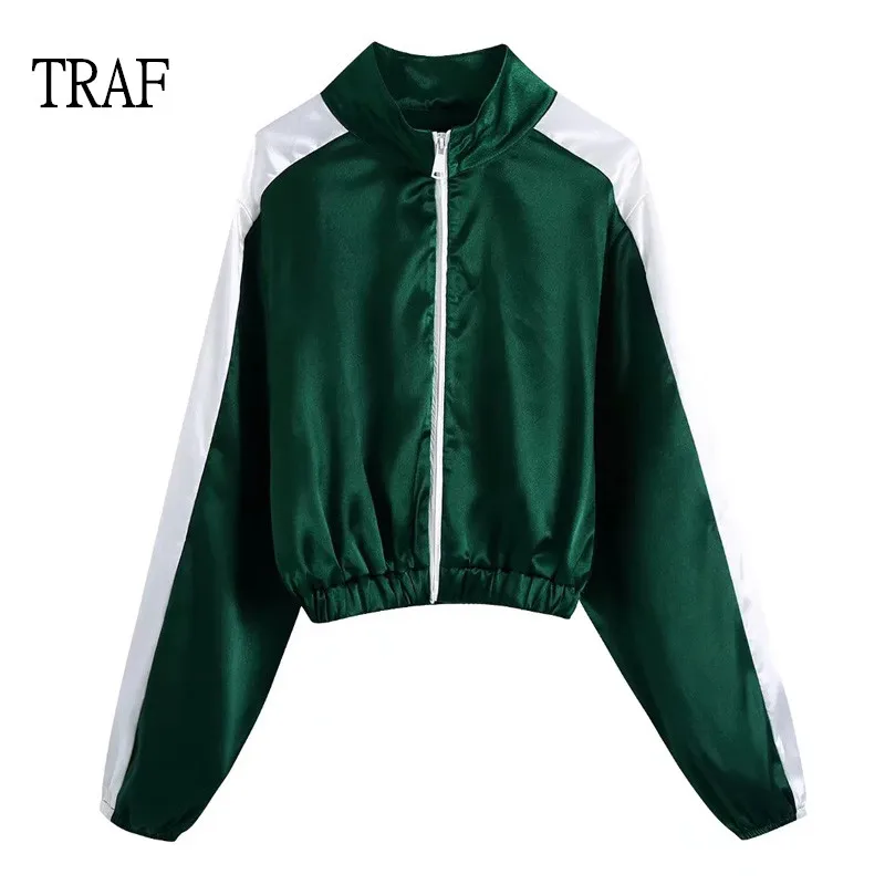

TRAF Green Jacket 2021 Fashion Satin Zipper Short Coat Women Stand-up Collar Long Sleeve Top Casual Woman Clothing Chic Tops