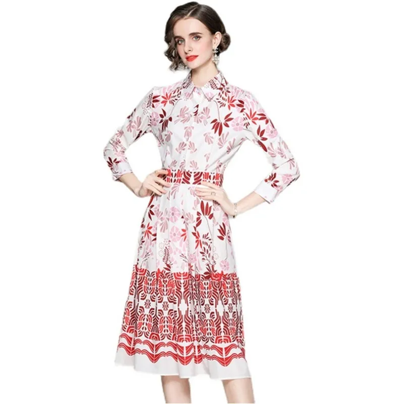 

Fashion Designer Autumn Winter Slim Dress Women's Wrist Sleeve Turn-down Collar Vintage Printed Elegant A-line Mid-Calf Dress