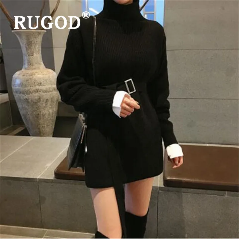 

RUGOD Chic Turtleneck Long Sweater Belted Pullover Split Jumper Winter Tops For Women Knitwear Korean Style Womens Sweaters 2019